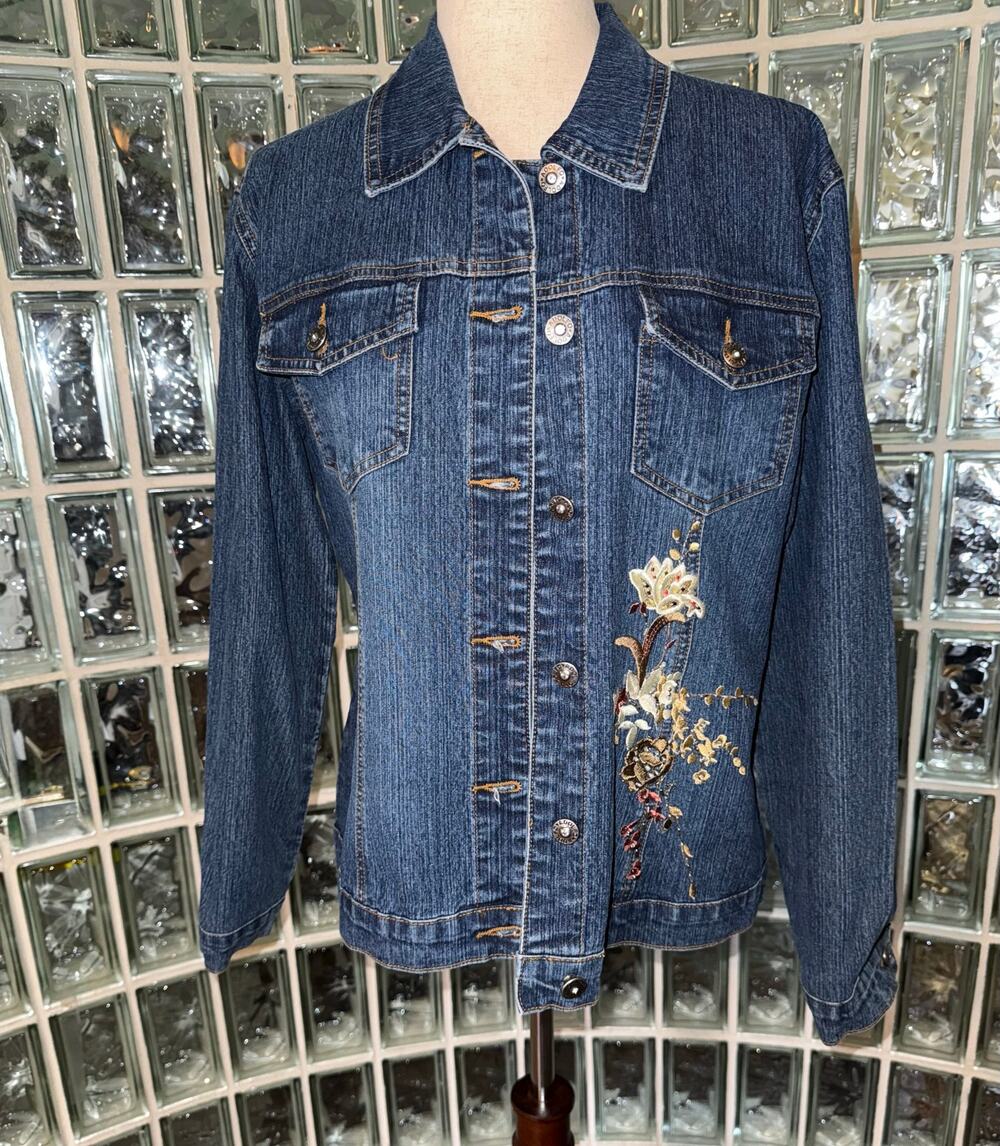 Vintage Adolfo Jean Jacket - Denim Floral Embroidered Western Lightweight - Sz M